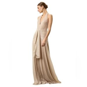 PatBO- Lurex Draped Elegant Cream Halter Maxi Dress Size 10